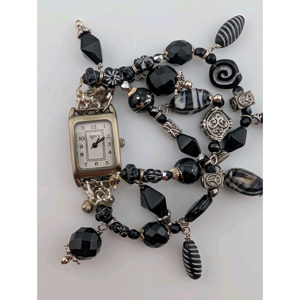 Legacy Watch Women 20mm Silver Case Black‎ & Silver Beaded Band- New Battery